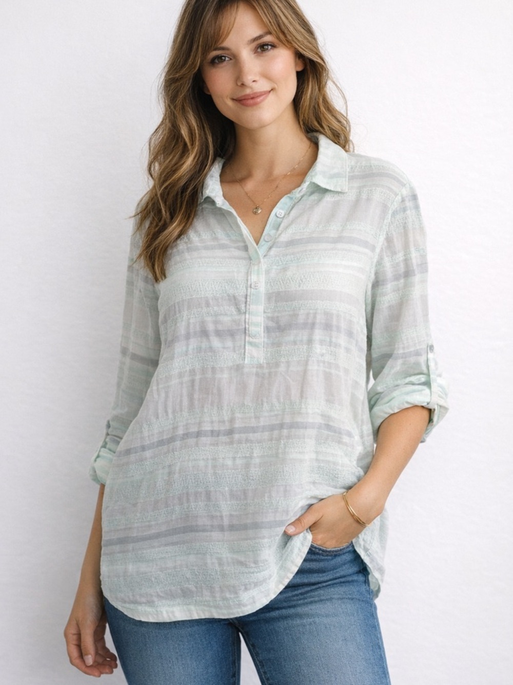Columbia Mint and White Striped Button-Neck Tunic